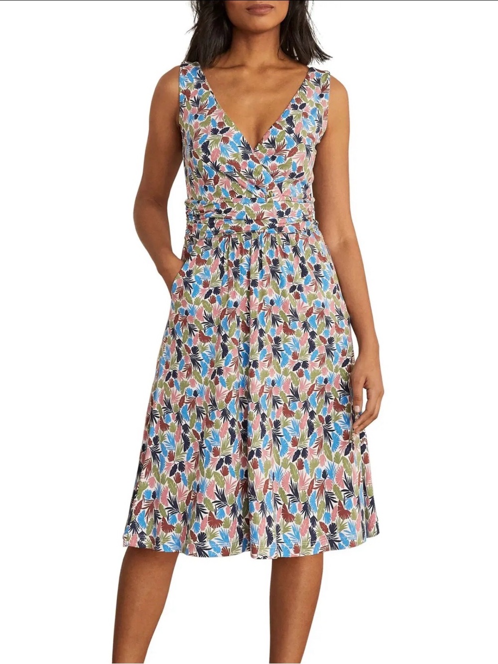 NWT Boden Effie Jersey Dress V-Neck  Palm Print Blue Size US 8